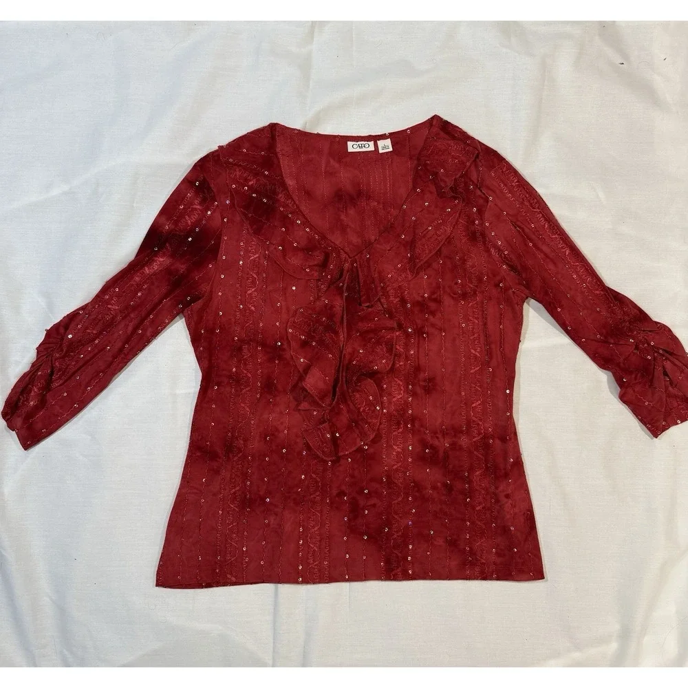 CATO Red Tie Dye Ruffle Top with‎ Sequins - Size Large